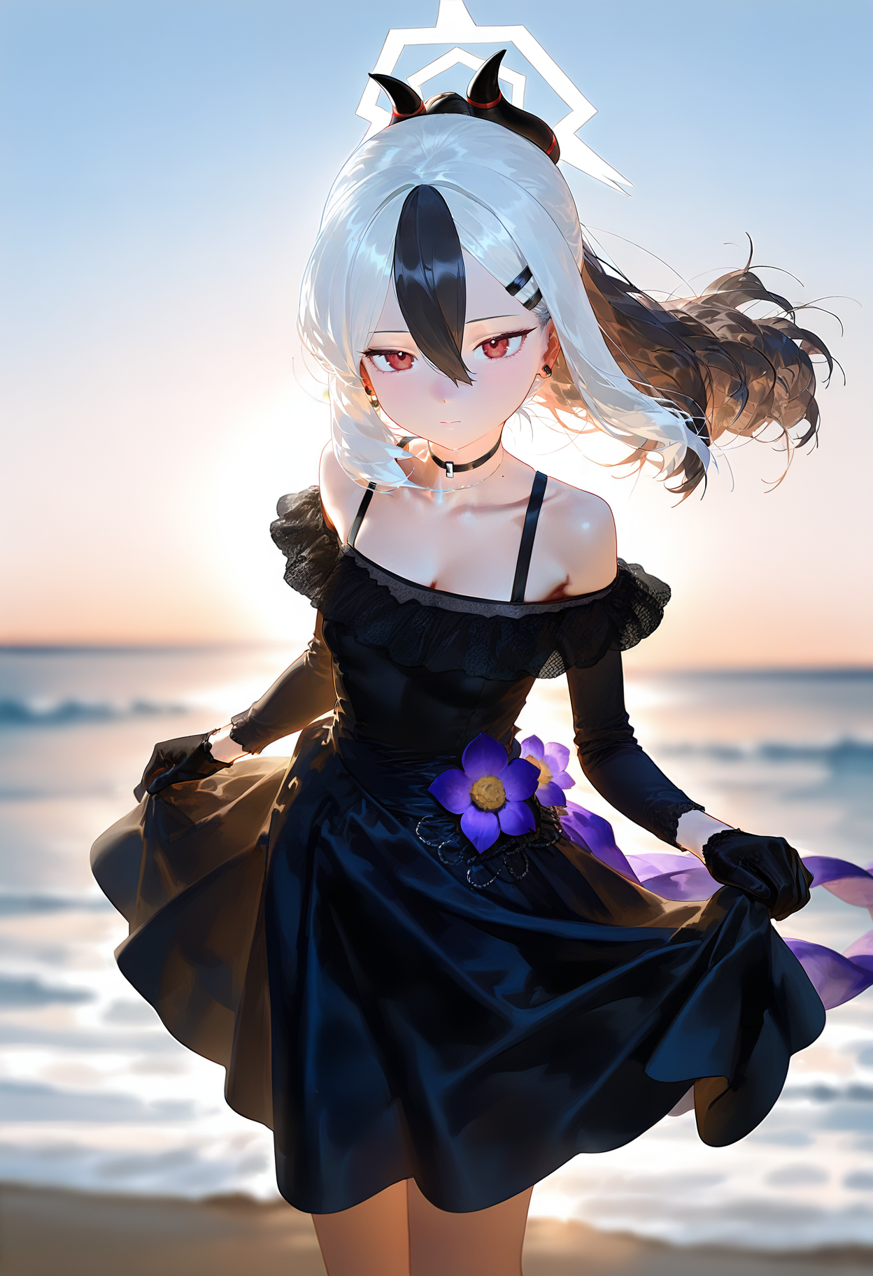 02773-4089671072-1girl, kayoko _(blue archive_), solo, multicolored hair, red eyes, dress, halo, gloves, black hair, choker, white hair, horns, o.png